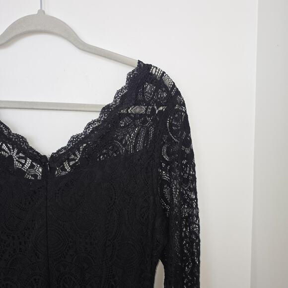 Black Lace Dress 1X Overlay Bell Sleeve V Neck Scallop Hem Boho Fairy Romantic - Picture 5 of 10